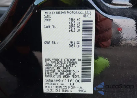 2020 Nissan Altima S Fwd из США, поврежденный, VIN 1N4BL4BV0LC116100